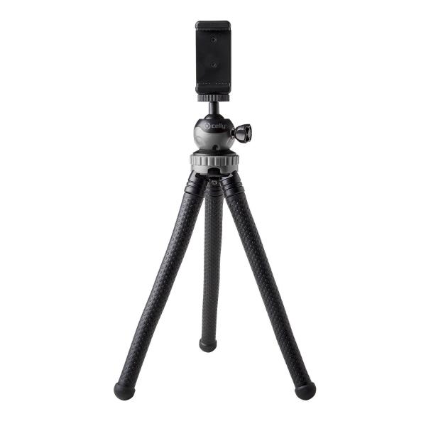 Treppiede Celly ClickFlex con gambe flessibili nere e supporto smartphone montato, vista frontale su sfondo bianco.
