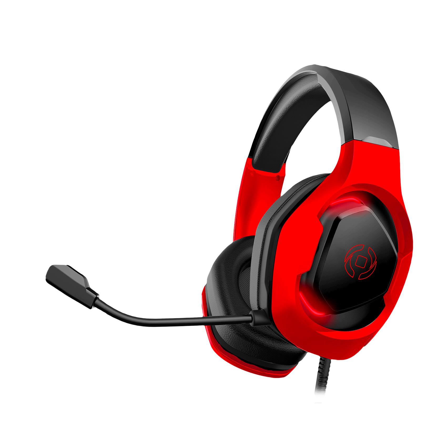 Cuffie gaming cablate Celly CYBERBEAT nere e rosse con luci LED accese sui padiglioni, che mostrano l'archetto imbottito e il microfono flessibile. Cuffie gaming cablate Celly CYBERBEAT nere e rosse con luci LED accese sui padiglioni, che mostrano l'archetto imbottito e il microfono flessibile.