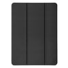Immagine professionale su sfondo bianco o ambientata su una scrivania ordinata in legno chiaro. In primo piano, l'iPad 10.2" inserito nella custodia Celly BOOKFOLIO01 di colore nero o blu scuro. La custodia è mostrata in modalità stand (paesaggio), con lo schermo dell'iPad acceso che visualizza un film o una presentazione colorata, per evidenziare la funzionalità di supporto multimediale. Un dettaglio (inserto zoom o seconda angolazione) mostra la finitura in similpelle della copertina e l'interno in microfibra vellutata, suggerendo qualità tattile e protezione. La scocca rigida posteriore è visibile, abbracciando perfettamente gli angoli del tablet. Questa immagine serve a rassicurare l'utente sulla protezione e sulla versatilità d'uso (lavoro/svago).