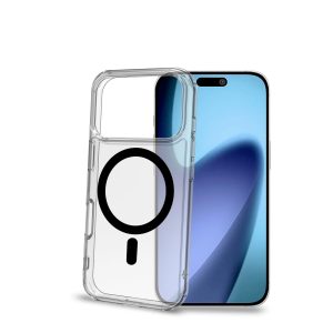 Vista posteriore di iPhone 17 Pro con cover Celly Gelskinmag che mostra l'anello magnetico e il design del titanio.
