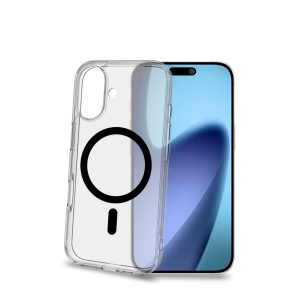 Vista posteriore della cover trasparente Celly su iPhone 17, che mostra l'anello magnetico bianco nitido e il logo Apple visibile.