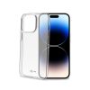 Custodia trasparente Celly GELSKIN per iPhone 14 Pro, flessibile e cristallina su sfondo neutro.