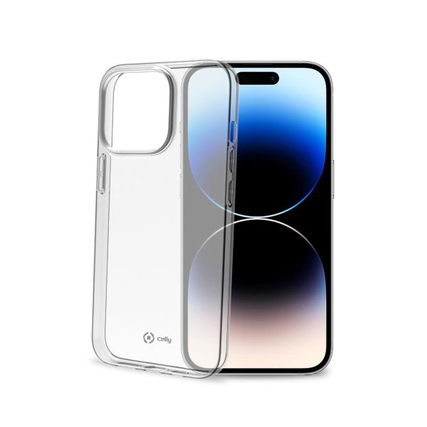 Custodia trasparente Celly GELSKIN per iPhone 14 Pro, flessibile e cristallina su sfondo neutro.