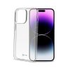 Custodia Celly Gelskin trasparente montata su iPhone 14 Pro Max, vista angolata che mostra il design ultra sottile e la finitura lucida del TPU.