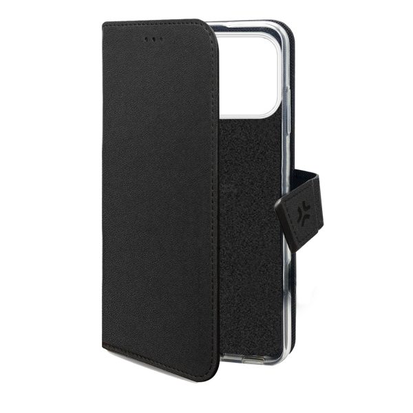 Custodia a libro Celly WALLY in ecopelle nera per iPhone 17 Pro chiusa.