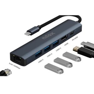 chema delle porte della docking station Nilox Tech: 3x USB 3.2, HDMI, RJ45 e USB-C PD.