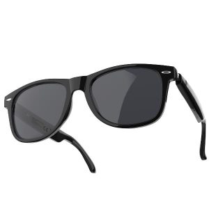 Occhiali Nilox Smart Glasses con montatura nera e lenti trasparenti anti-luce blu.